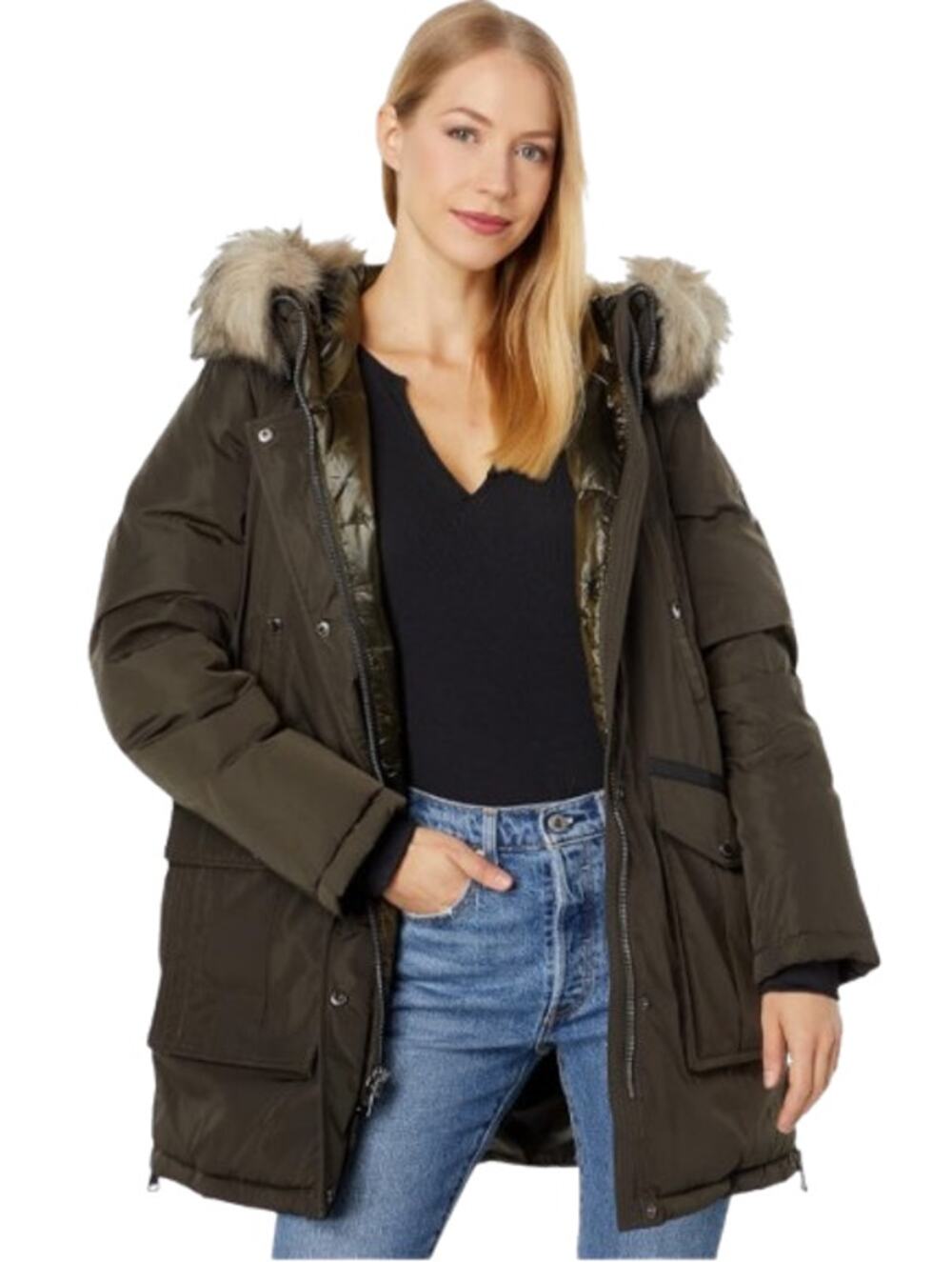 VINCE CAMUTO Heavyweight Hooded Parka Coat Medium Olive Green Faux Fur Trim NWT